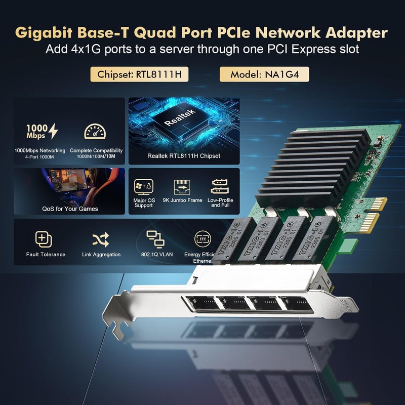 Binardat 4 Port Gigabit PCIe Network Adapter, Realtek RT8111H Controller 1000/100Mbps Ethernet LAN NIC Card for Windows/Linux/Mac - Image 2